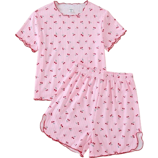 Tween Girl Pink Cherry tryckt kortärmad topp och shorts Casual Homewear Set - Rosa (8Y,9Y,10Y,11Y,12Y)