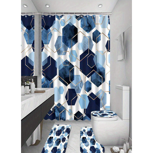 SHEIN 1/3/4pcs Blue Shower Curtain Set Modern Art Geometric Bathroom Set Navy Blue Bathroom Curtain Set With 12 Hooks Bathroom Rug Bathroom Mat And Toilet R