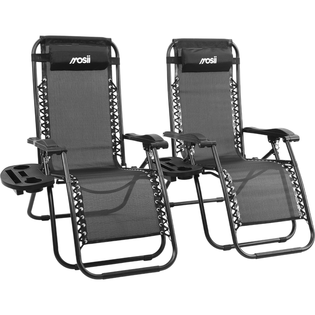 Pack of 2 Sun Lounger Zero Gravity Chair with Canopy and Drinks Holder - Black - One Size