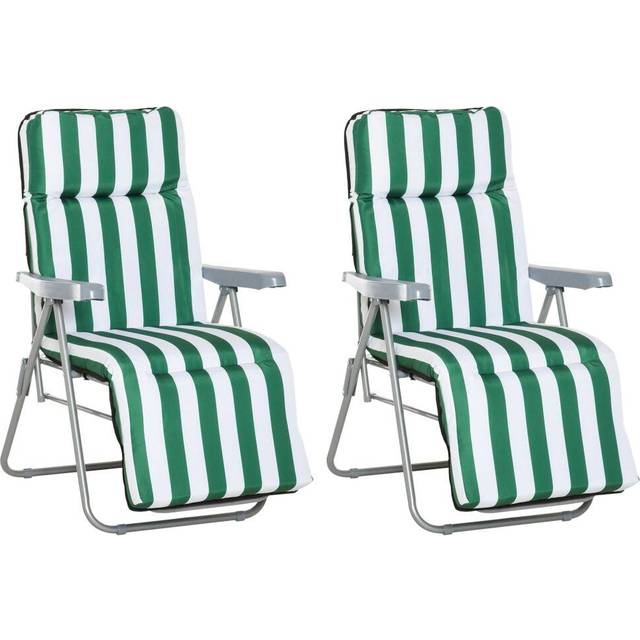Outsunny Set of 2 Garden Patio Outdoor Sun Recliners Loungers Folding Foldable Multi Position Relaxers Chairs with Cushions Fire Retardant Sponge (Gre
