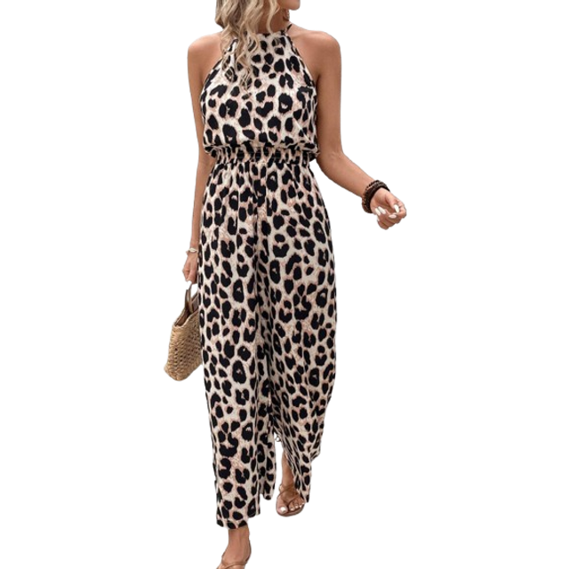 SHEIN Women&#39;s Leopard Print Sleeveless Casual Jumpsuit For Summer Holiday Cheetah Old Money Style