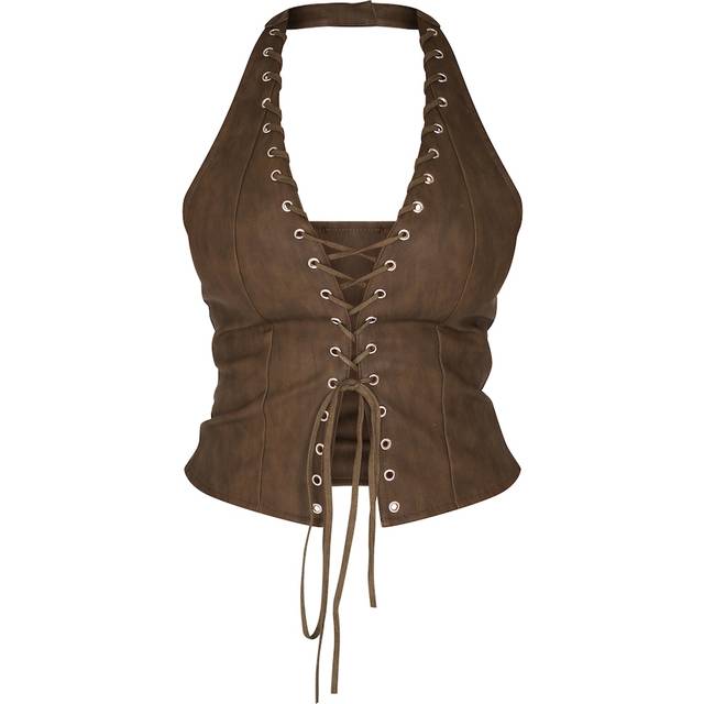 Shape Olive Washed Faux Leather Halter Neck Lace Up Corset, Green - 12