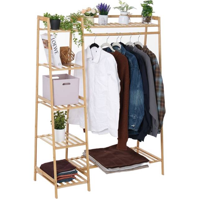 Bamboo Garment Rack, Clothes Rack with Storage Shelf, Hanging Rail and Side Hooks for Entryway, Bedroom, Bathroom and Office, Natural - Light Brown - One Size