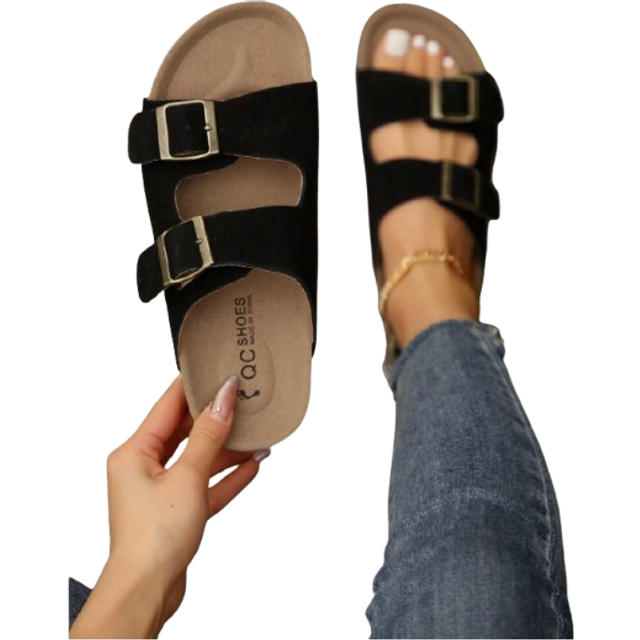 SHEIN Women&#39;s Simple Summer Open Back Comfortable Vacation Buckle Flat Black Mule Sandals