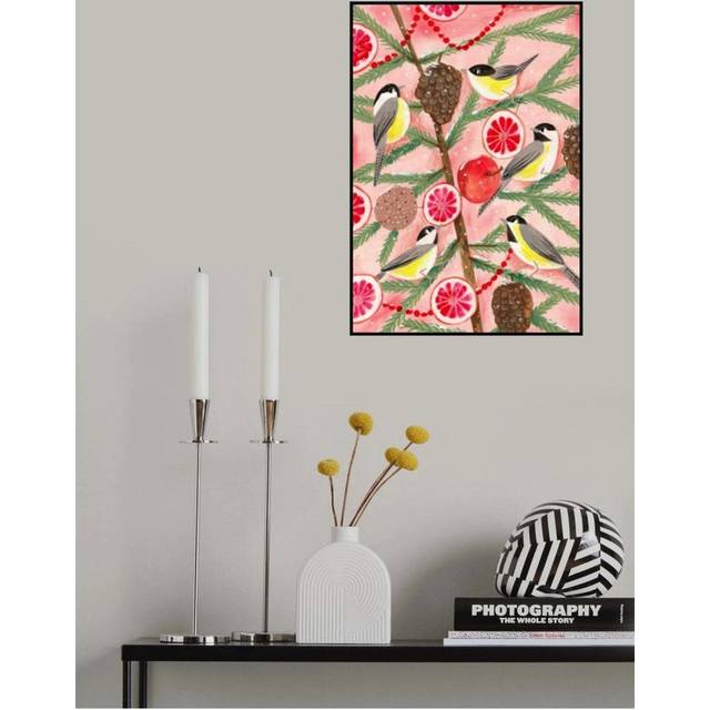 Affisch - Winter Birds Tits In The Pine Tree At Christmas - 50x70 cm