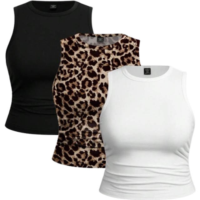 SHEIN 3pcs/Set Casual Solid & Leopard Print Pattern Women&#39;s Tank Tops, Summer