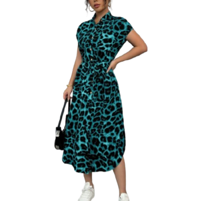 Chiquease Women&#39;s Casual Vacation Travel Leopard Print Front Button Shirt Belt Bow Pocket Side Slits 2025 Summer New Short Sleeve Long Dress