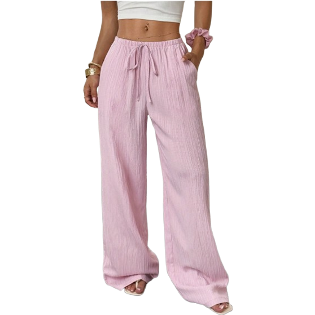 Flirla Women Solid Color Tied Waist Pocket Wide Leg Pants