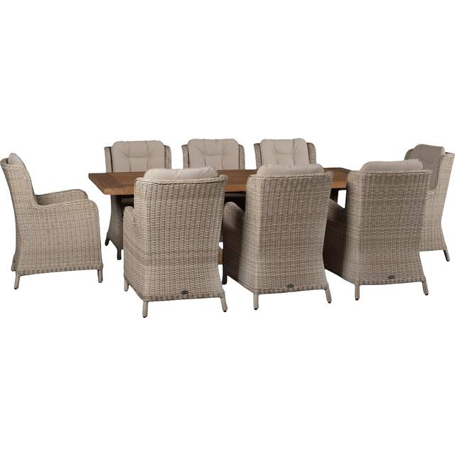 Bramblecrest Kuta Chedworth 8-Seater Rectangular Teak Wood Garden Dining Table & Rattan Chairs Set, Sandstone