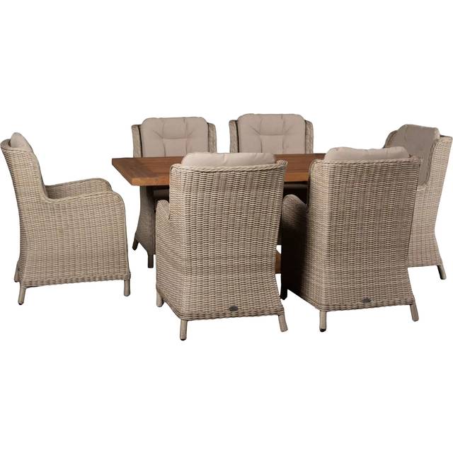Bramblecrest Kuta Chedworth 6-Seater Rectangular Teak Wood Garden Dining Table & Rattan Chairs Set, Sandstone