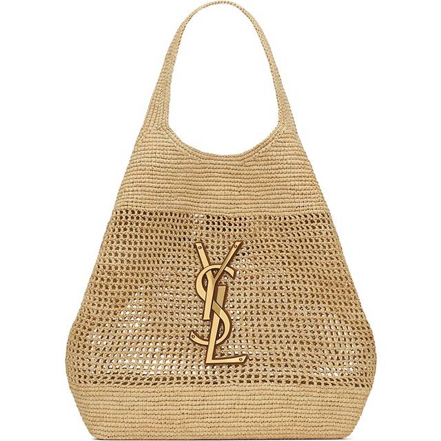 SAINT LAURENT - Icare Maxi Embellished Leather-trimmed Raffia Tote - Beige - Neutrals - One size