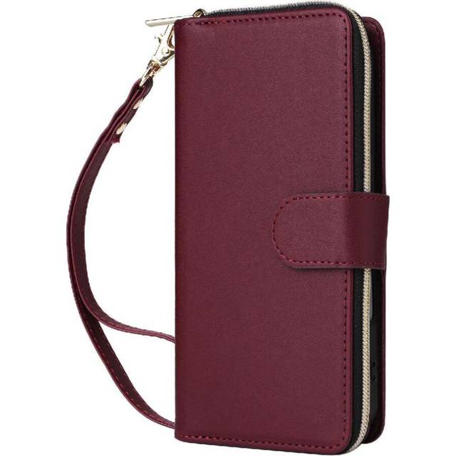 (Red) Compatible with iphone 14 Pro Wallet Case Zipper Pocket Pu Leather 9 Card Holder Magnetic Closure Wrist Strap