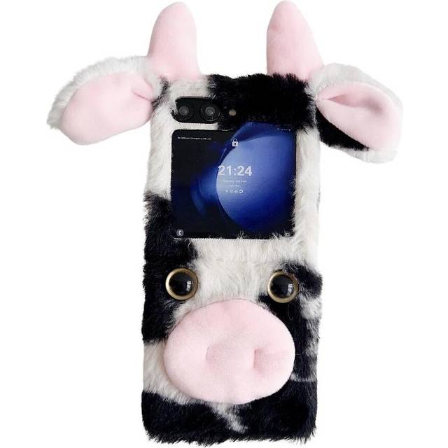 (Black) Case for Samsung Galaxy Z Flip 3 5g Lovely Fuzzy Fluffy Cartoon Cow Cow Phone Case Autumn and Winter