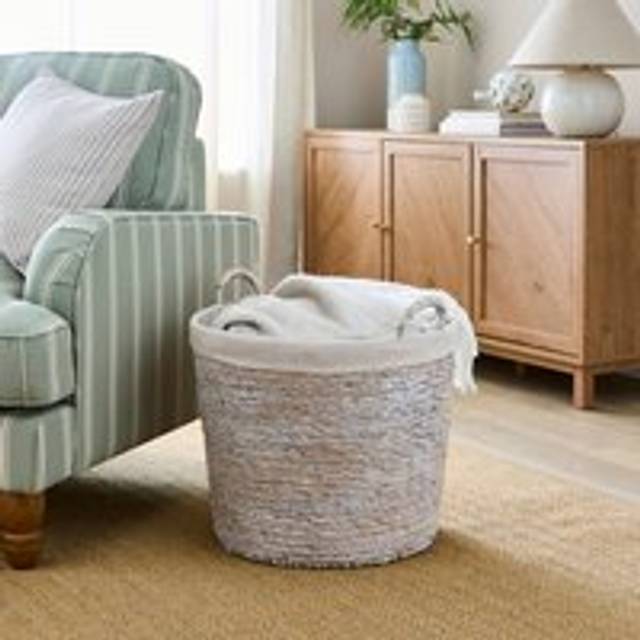 Whitewashed Wicker Round Basket