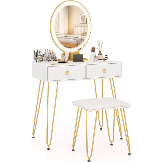 80 cm Vanity Set w/ Lighted Mirror Makeup Dressing Table w/ Cushioned Stool-White