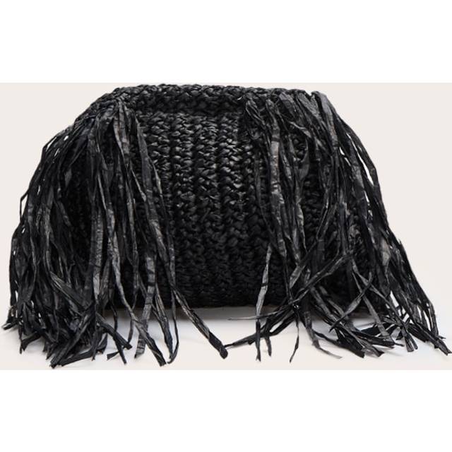 Black Slouchy Raffia Fringe Clutch, Black - One Size