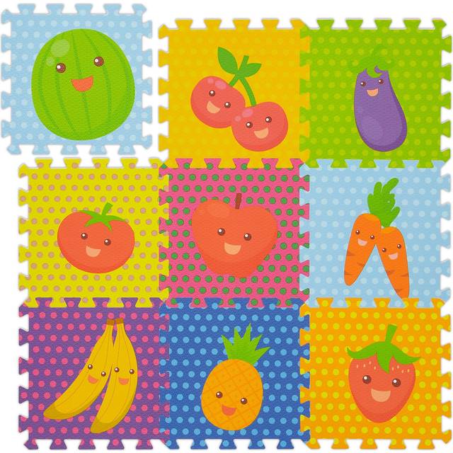 Relaxdays Pusselmatta frukt, 9-delad lekmatta, föroreningsfri, EVA-skum, barnrum, 86 x 86 cm, färgglad, orange, blå, lila