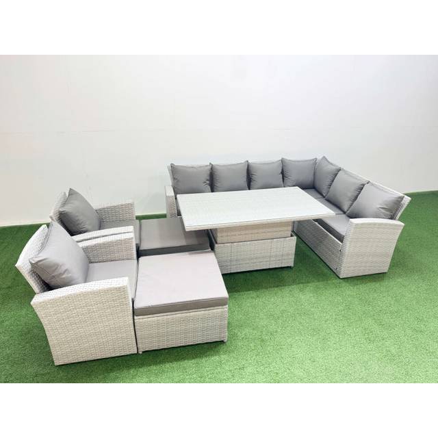 Fimous - 10 Seat Rattan Garden Furniture Corner Sofa Set Outdoor Adjustable Lifting Dining or Coffee Table Set with Armchair Light Grey