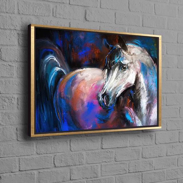 Horse Oil Painting Print on Abstract Art Canvas Depicting Majestic Animal for Unique and Modern Home Decor - Gold Floater Framed (110 cm H x 160 cm W)