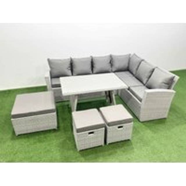 9 Seater Garden Outdoor Rattan Furniture Set Rattan Corner Sofa Oblong Dining Table Set with 3 Footstools Light Grey Mixed - Fimous