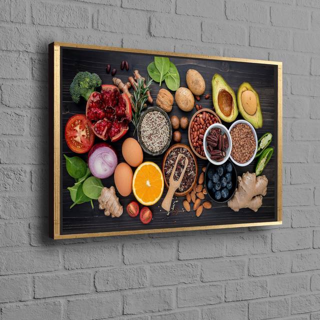 Personalized Gift Box Featuring Modern 3D Canvas Print of Fruits and Vegetables Framed Canvas Artwork Perfect for Chef Decor - Gold (25 cm H x 35 cm W)
