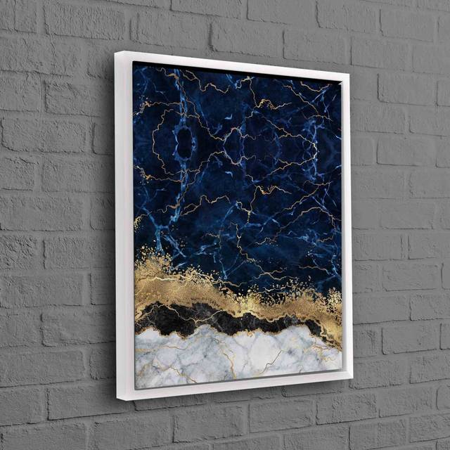 Abstract Marble Art Navy Blue Canvas With Modern Luxury Gold Wall Decor For Your Elegant And Stylish Interior Design - Floater Framed (50cm H x 70cm W)