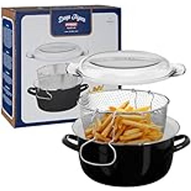 Premier Housewares 102102 5L Deep Fat Fryer Enamel Chip Pan Fryer Glass Lid Chip Fryer Deep Frying Pan Black Deep  16x33x27