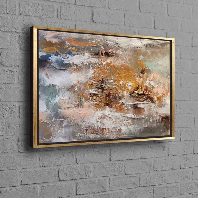 Abstract Oil Painting Print on Canvas for Modern and Contemporary Wall Decor - Gold Floater Framed (110 cm H x 160 cm W)