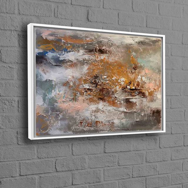 Abstract Oil Painting Print on Canvas for Modern and Contemporary Wall Decor - White Floater Framed (110 cm H x 200 cm W)