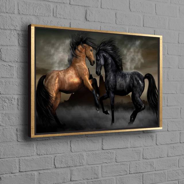 Two Horses Farmhouse Canvas Art Print for Office and Home Room Decoration - Gold Floater Framed (40cm H x 60 cm W)