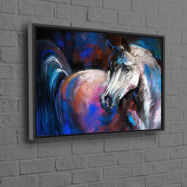 Horse Oil Painting Print on Abstract Art Canvas Depicting Majestic Animal for Unique and Modern Home Decor - Gold Floater Framed (40 cm H x 60 cm W)