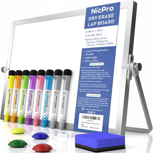 Nicpro Dry Erase Mini Whiteboard A3, 40 x 30 cm Double Sided Small Magnetic Desktop White Board with Stand, 8 Pens, 1 Eraser,4 Magnet, Portable Board