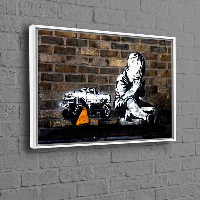 Large Banksy Praying Boy Street Art Inspired Painting on Premium Quality Canvas Ideal for Modern Home Decor - White Floater Framed (20 cm H x 30 cm W)