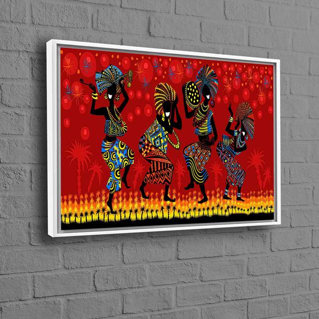 African Woman Dancing In Colorful Fashion Artwork Printed On Canvas For Enhanced Wall Art Display - White Floater Framed (50 cm H x 70 cm W)