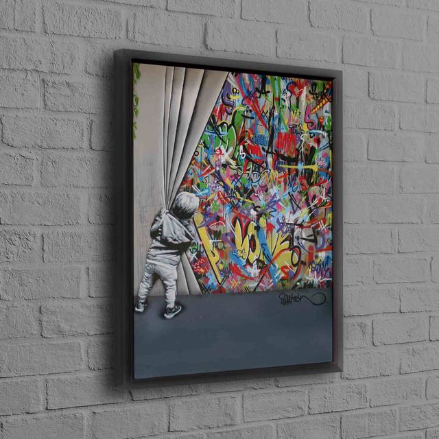 Behind The Curtain Street Art Canvas Featuring a Colorful Graffiti Boy for a Vibrant Wall Decor Accent Piece - Black Floater Framed (50 cm H x 70 cm W)