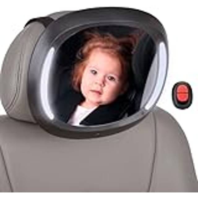 Baby bilspegel med Interbaby LED-ljus | okrossbar, 360° rotation, universell justering | Baksitsspegel för spädbarn, enkel installation, fjärrkontroll, svart