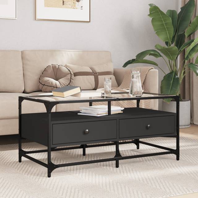 Borough Wharf Coffee Table With Glass Top Smoked Oak 98.5X50x45 Cm Steel - Black