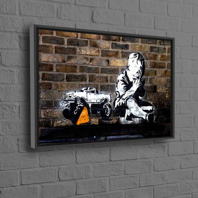 Large Banksy Praying Boy Street Art Inspired Painting on Premium Quality Canvas Ideal for Modern Home Decor - Black Floater Framed (25 cm H x 35 cm W)