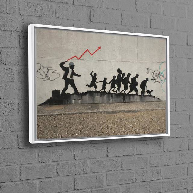 Banksy Art Graffiti-Inspired 3D Canvas Print Featuring Capitalism Stockmarket Theme Captured On Coney Island Avenue In New York City For Abstract Art - White Floater Framed (20 cm H x 30 cm W)
