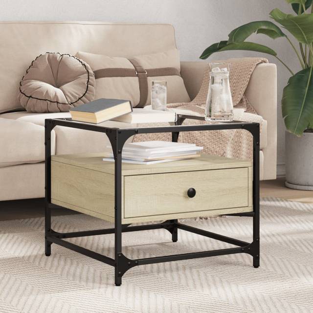 Borough Wharf Coffee Table With Glass Top Sonoma Oak 50X50x45 Cm Steel