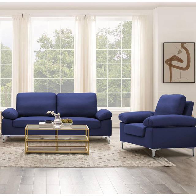 Modern Sofa 3 and 1 Seaters Set Fabric with Chrome Feet - Comfortable Couch with Cushion for Living Room, Bedroom or Office - Blue