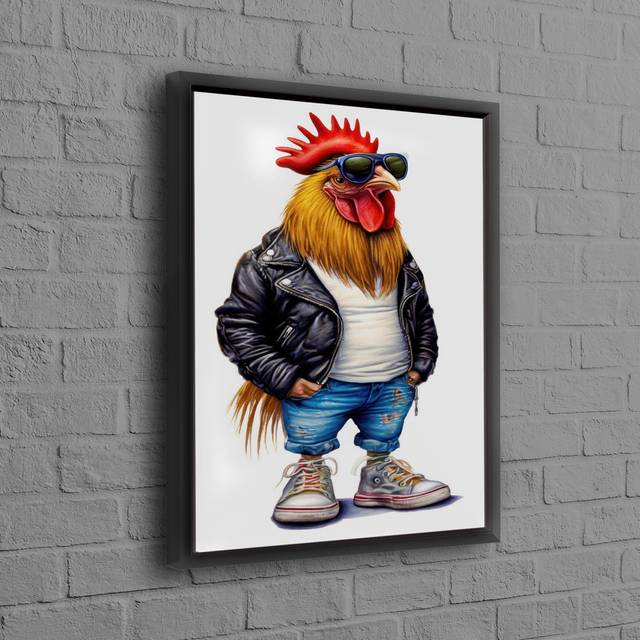3D Rooster Artwork On Framed Canvas With Leather Details Perfect As A Personalized Gift For Her - Black (70 cm H x 50 cm W)