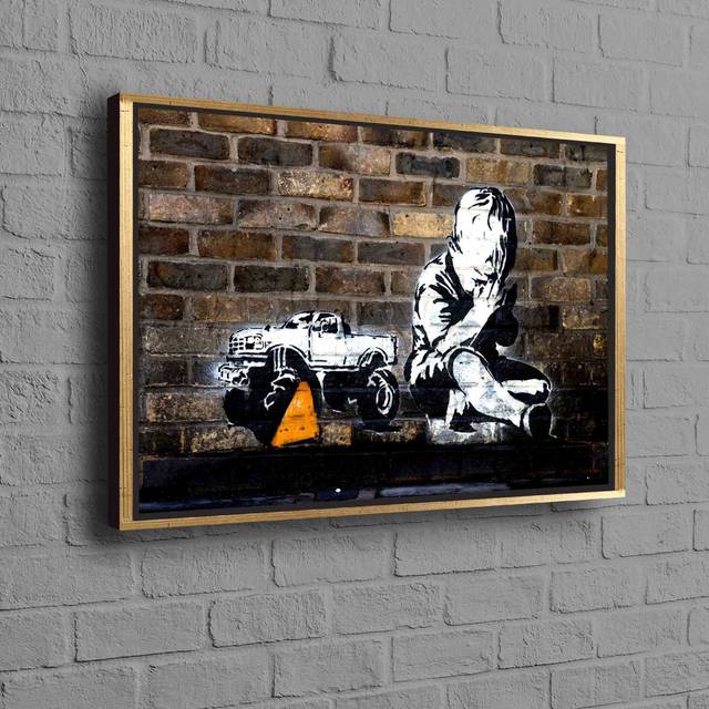Large Banksy Praying Boy Street Art Inspired Painting on Premium Quality Canvas Ideal for Modern Home Decor - Gold Floater Framed (50 cm H x 70 cm W)