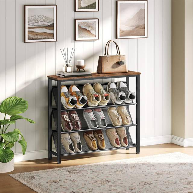 Narrow Shoe Rack, 4-Tier Slanted Shoe Storage Shelf - Black;Brown (9)