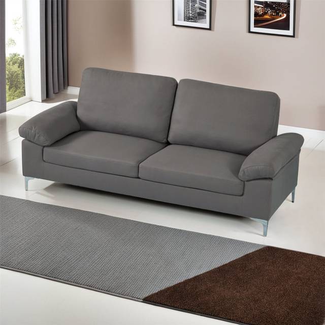 Modern Sofa 3 and 2 Seaters Set Fabric with Chrome Feet - Comfortable Couch with Cushion for Living Room, Bedroom or Office - Grey (85cm H X 202cm W X 81cm D)