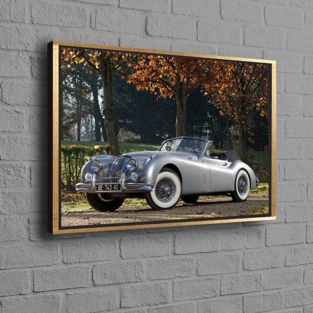 Vintage Jaguar Car Art On Canvas With Autumn Landscape Setting Ideal For Retro Inspired Home Decor - Framed Print without Mat (40 cm H x 60 cm W)