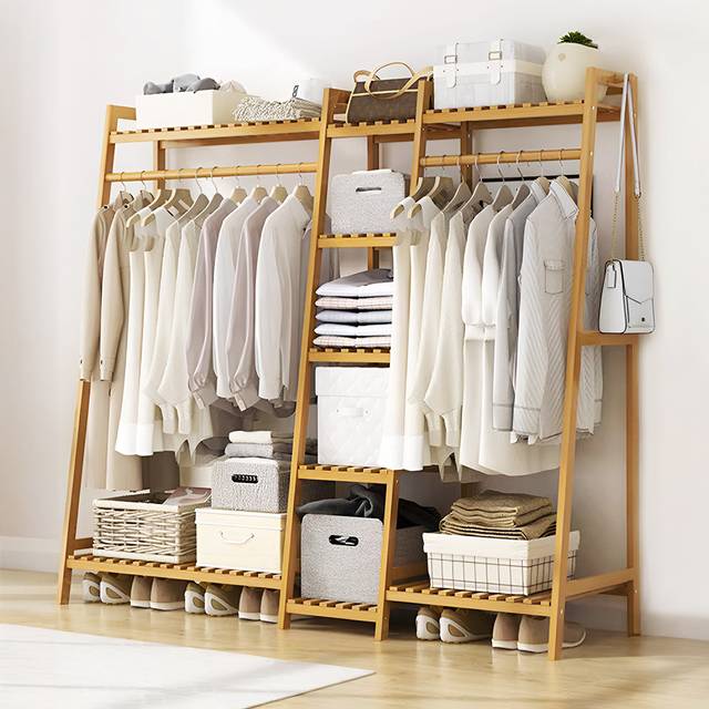 Bamboo Garment Rack with Tiered Storage Shelves - Natural