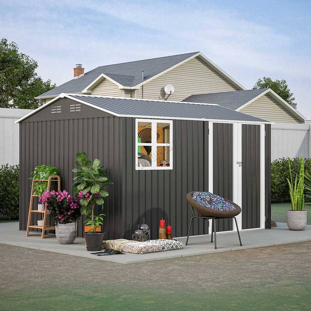 Garden Shed With Window Steel Apex Roof Free Foundation 10x8FT Outdoor Backyard Storage Organizer Air Vents Anthracite - Birchtree