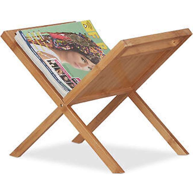 Relaxdays - Bamboo Magazine Holder, Newspaper Rack with Handles, Compact, Freestanding, din A4 and A5, Natural