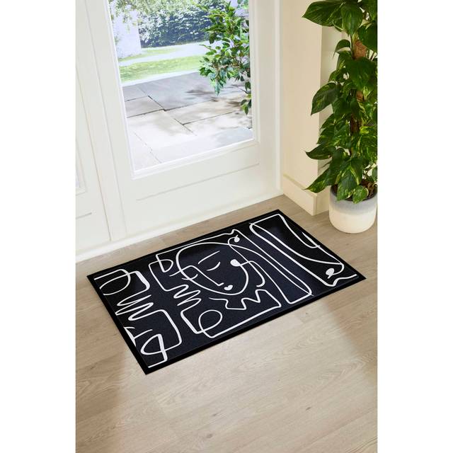 Face Lines Abstract Indoor Outdoor Doormat (90 x 60cm) - Black (90cm W X 60cm L X 1cm H)